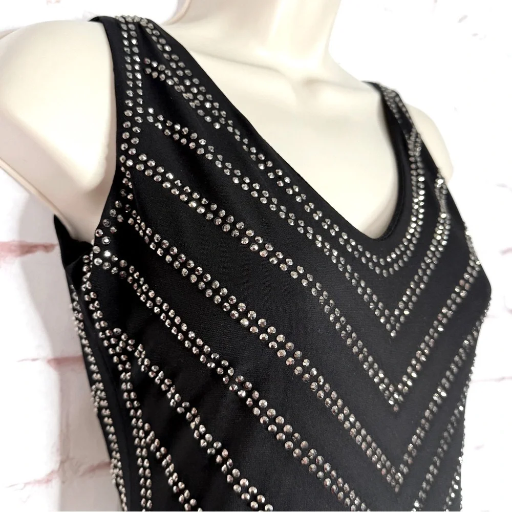 CACHE XS Silver Metallic Studs Embellished Black V-Neck Sleeveless Dress Size XS - Picture 5 of 15